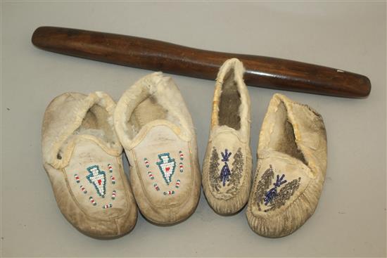 A Native American sharpening tool & 2 pairs moccasins